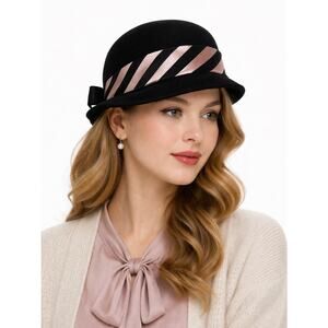 1950s–60s Austelle Black Felt Bowler Hat Pink Ribbon small